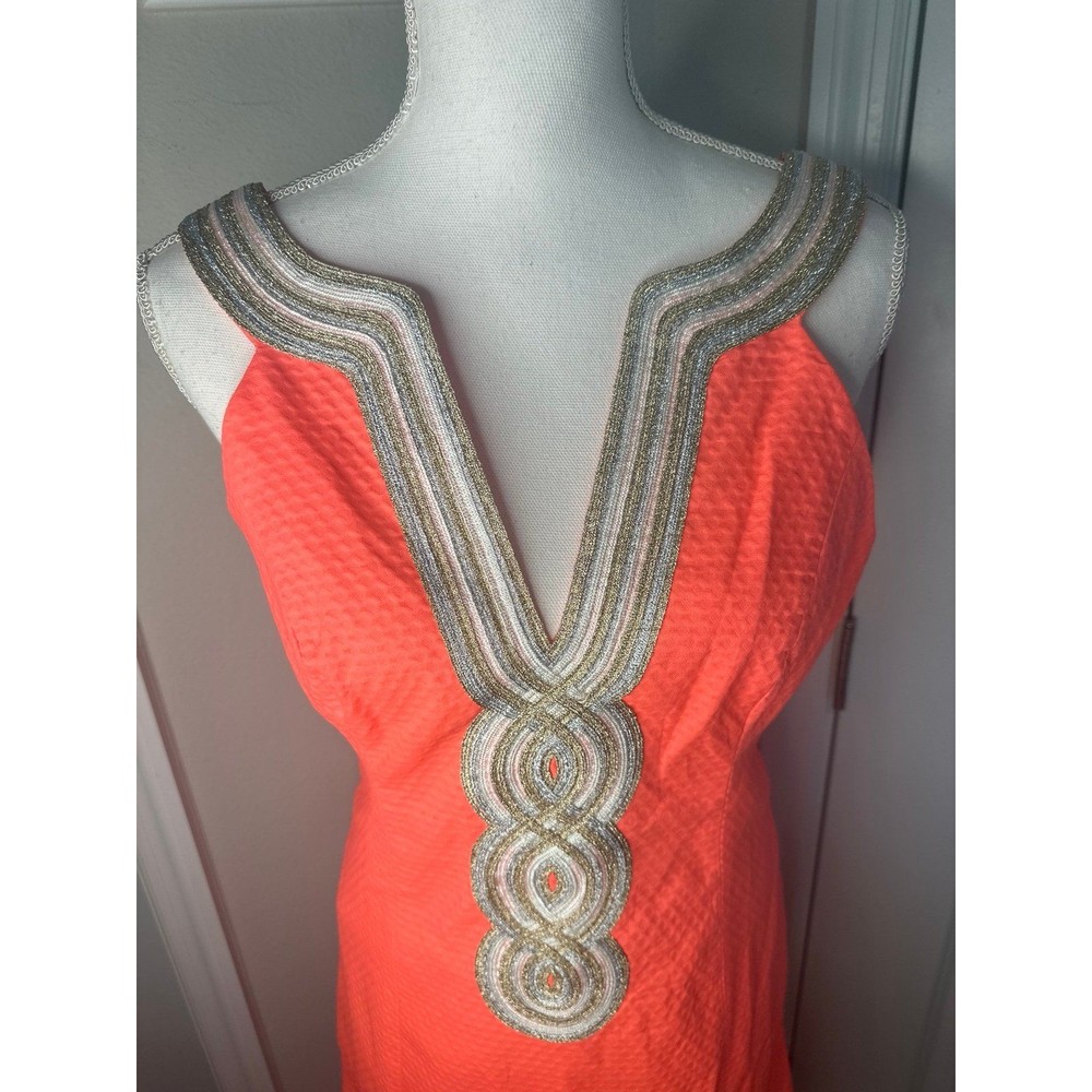 Lilly Pulitzer Coral Orange Textured Midi Dress with Beaded Neckline - Picture 2 of 4